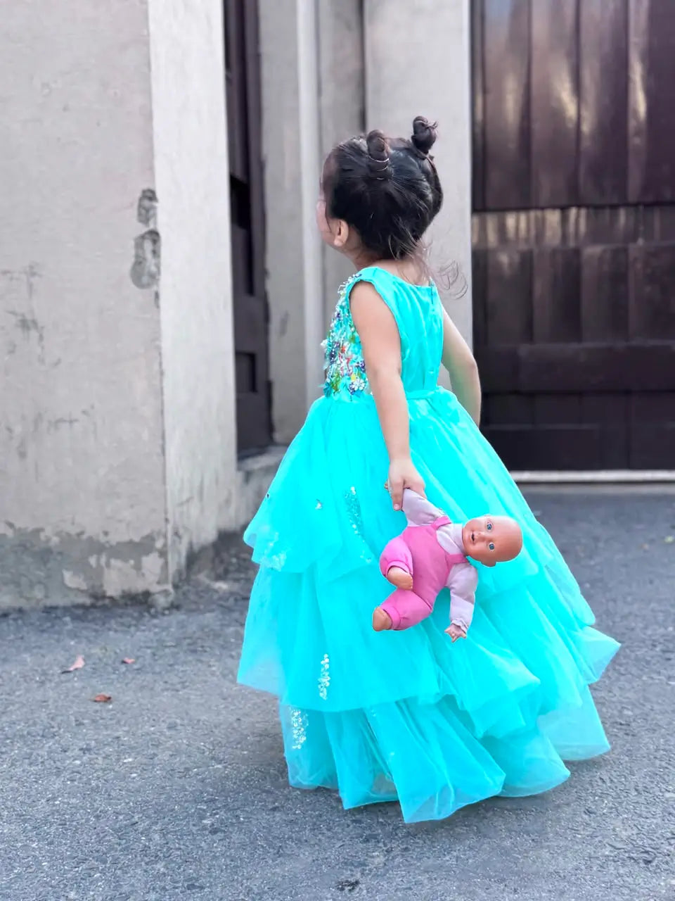 Girls sky blue floral embroidery frock detail view kids party dress — MiMo Pakistan