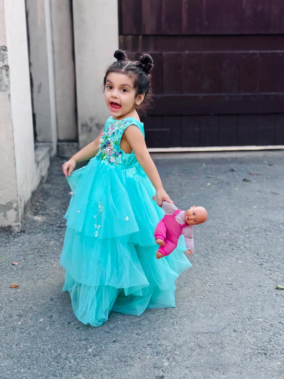 Girls turquoise princess frock full length kids special occasion wear — MiMo Pakistan