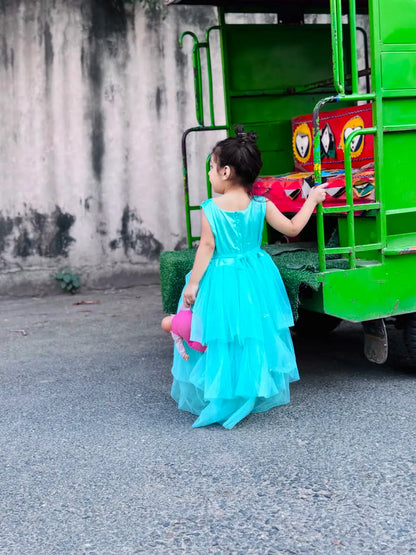 Girls turquoise blue princess frock front view kids party dress 3-7 years — MiMo Pakistan