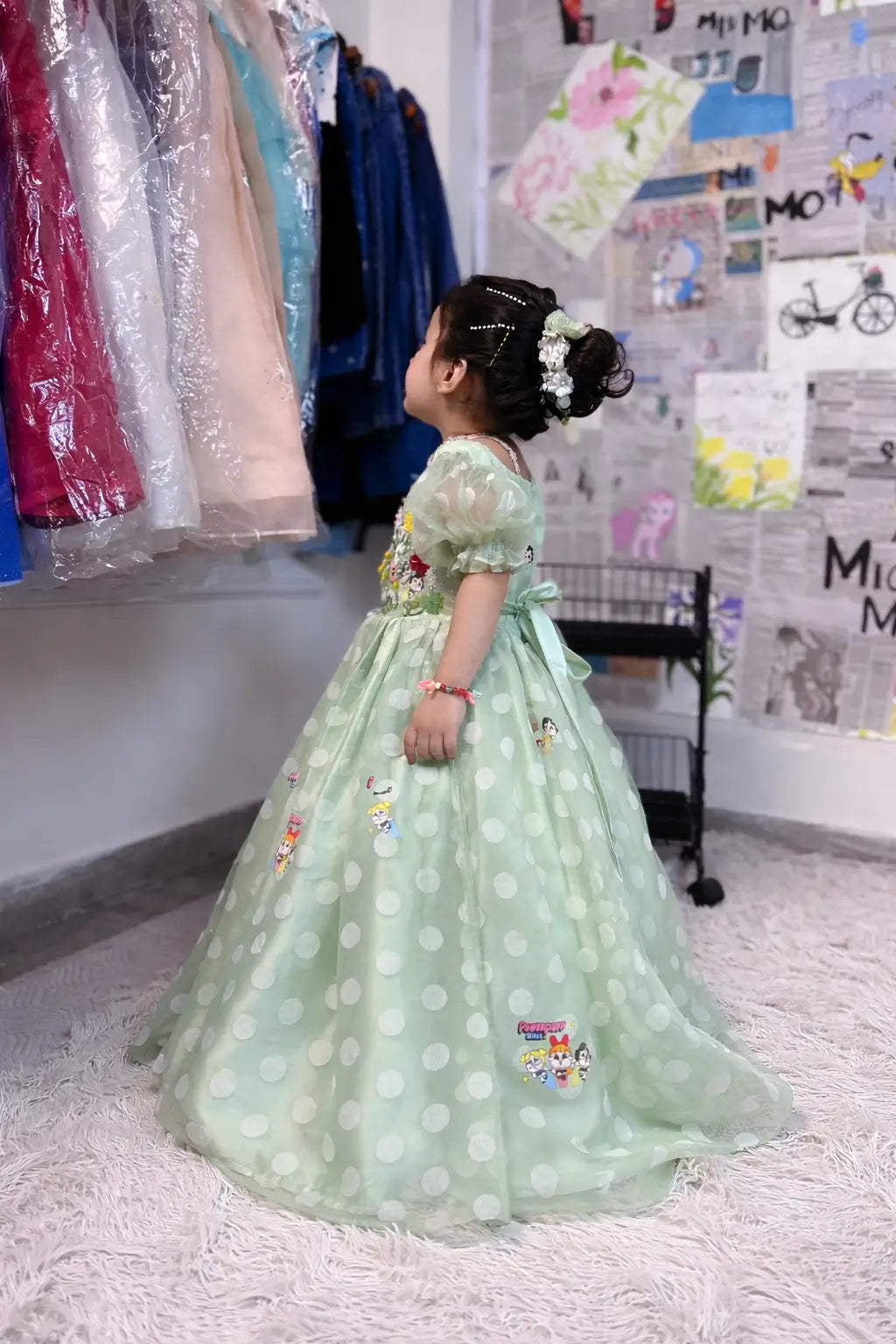 Girls light green floral princess frock front view kids party dress — MiMo Pakistan