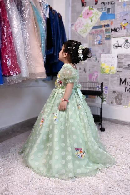 Girls light green floral princess frock front view kids party dress — MiMo Pakistan