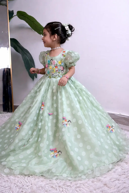 Girls mint green princess frock puff sleeves kids party occasion wear — MiMo Pakistan