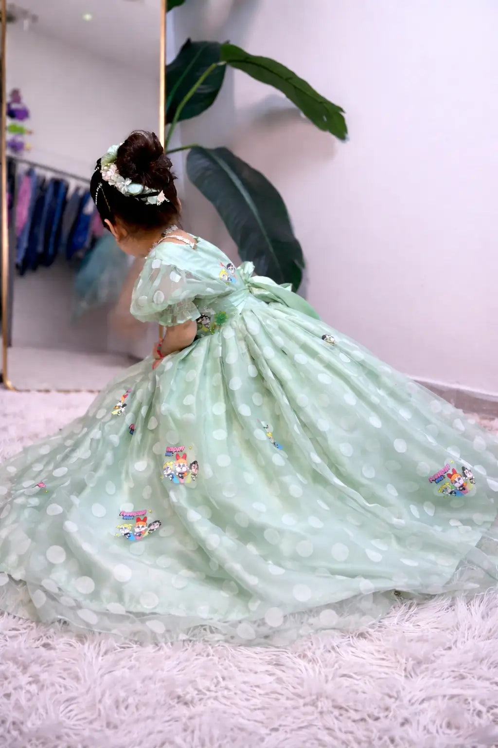 Girls light green organza frock puff sleeves kids special occasion dress — MiMo Pakistan