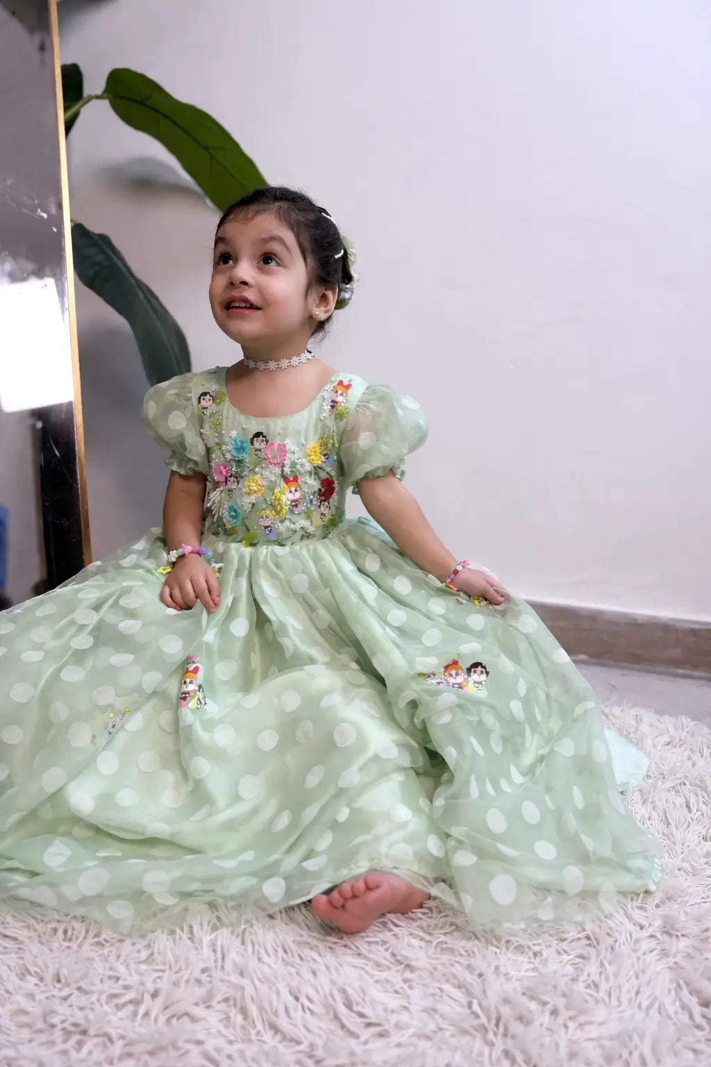 Girls light green organza frock puff sleeves kids special occasion dress — MiMo Pakistan