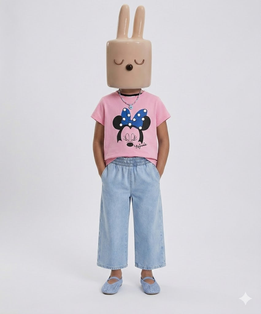Girls pink cartoon character printed t-shirt with jeans kids casual outfit — MiMo Pakistan