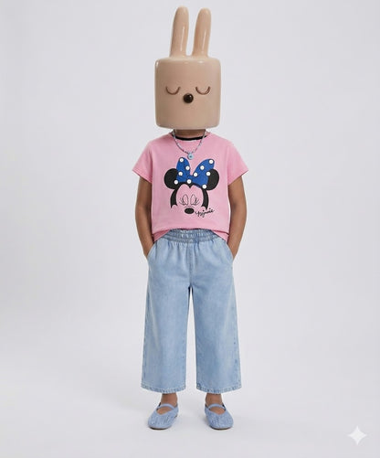 Girls pink cartoon character printed t-shirt with jeans kids casual outfit — MiMo Pakistan