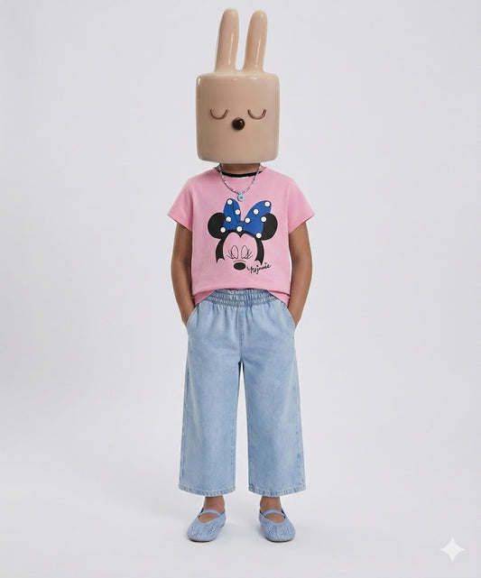 Girls pink cartoon character printed t-shirt with jeans kids casual outfit — MiMo Pakistan