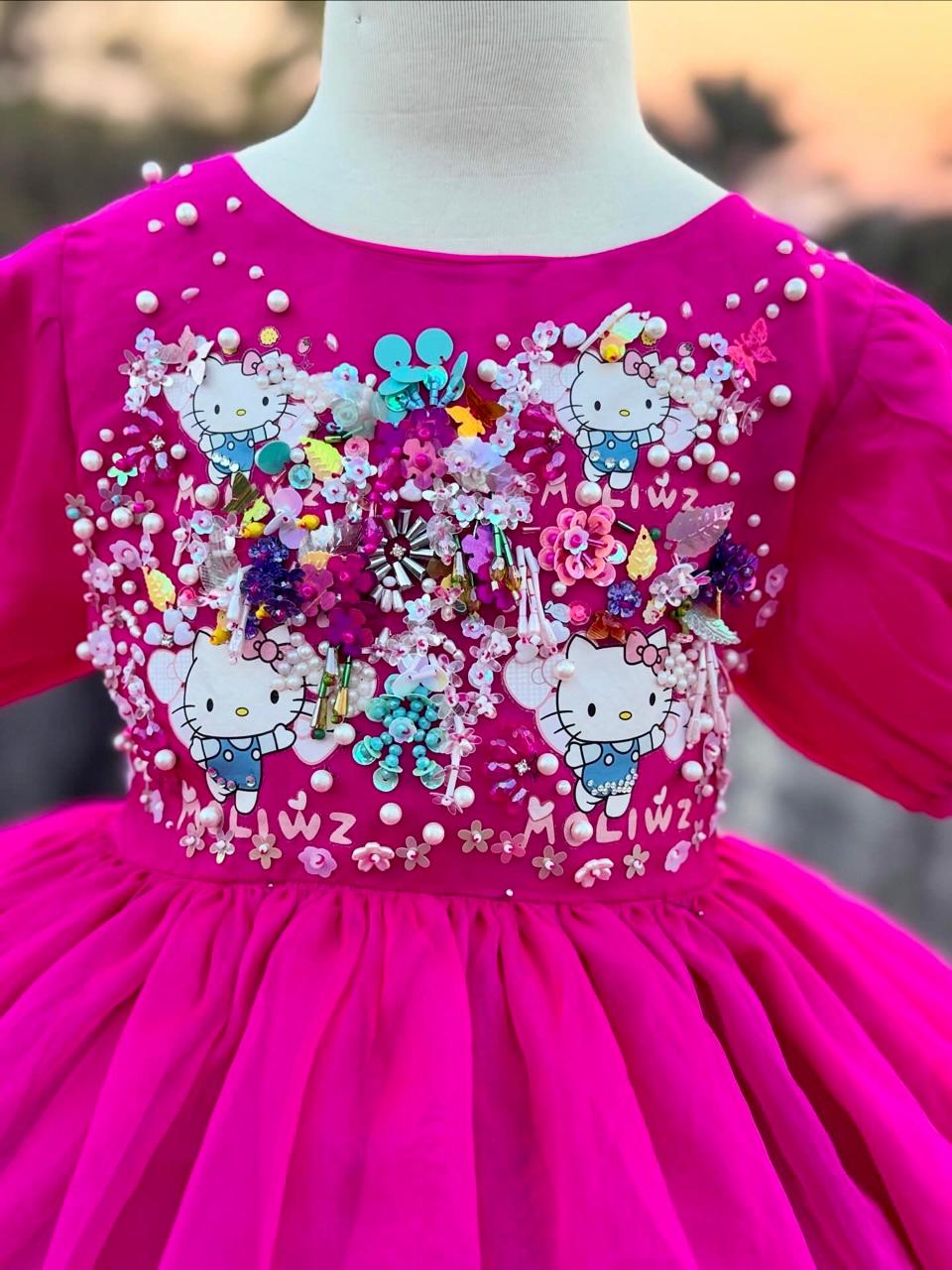 Girls pink frock floral embroidery close-up kids party occasion dress — MiMo Pakistan