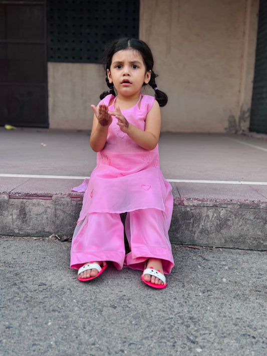 Girls pink kurti trouser set front view kids traditional outfit — MiMo Pakistan