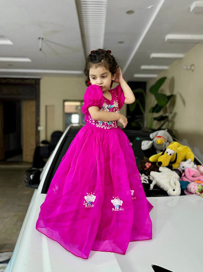 Girls pink princess maxi frock organza puff sleeves kids party wear — MiMo Pakistan