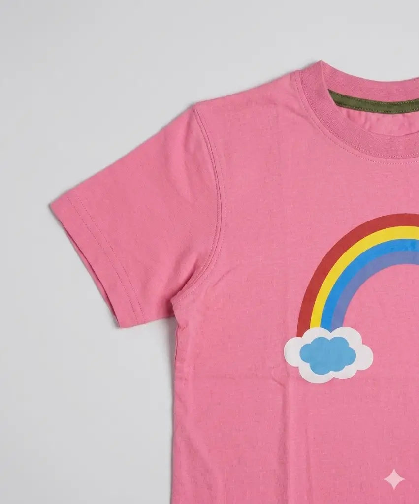 Girls pink t-shirt rainbow cloud print close-up kids summer wear — MiMo Pakistan