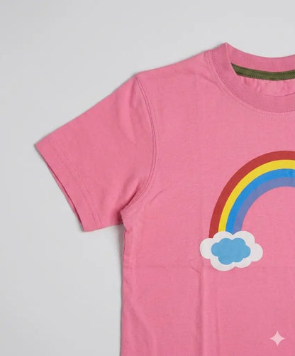 Girls pink t-shirt rainbow cloud print close-up kids summer wear — MiMo Pakistan