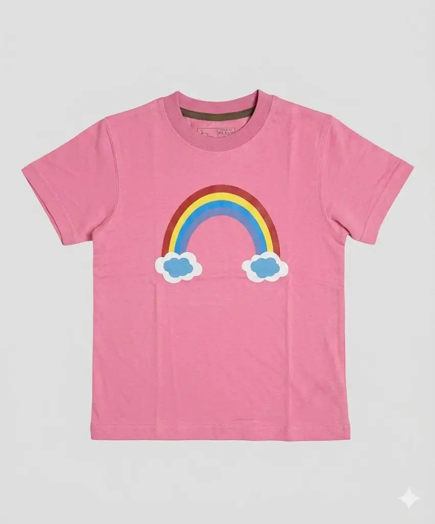 Girls pink rainbow printed t-shirt front view kids cotton summer wear — MiMo Pakistan