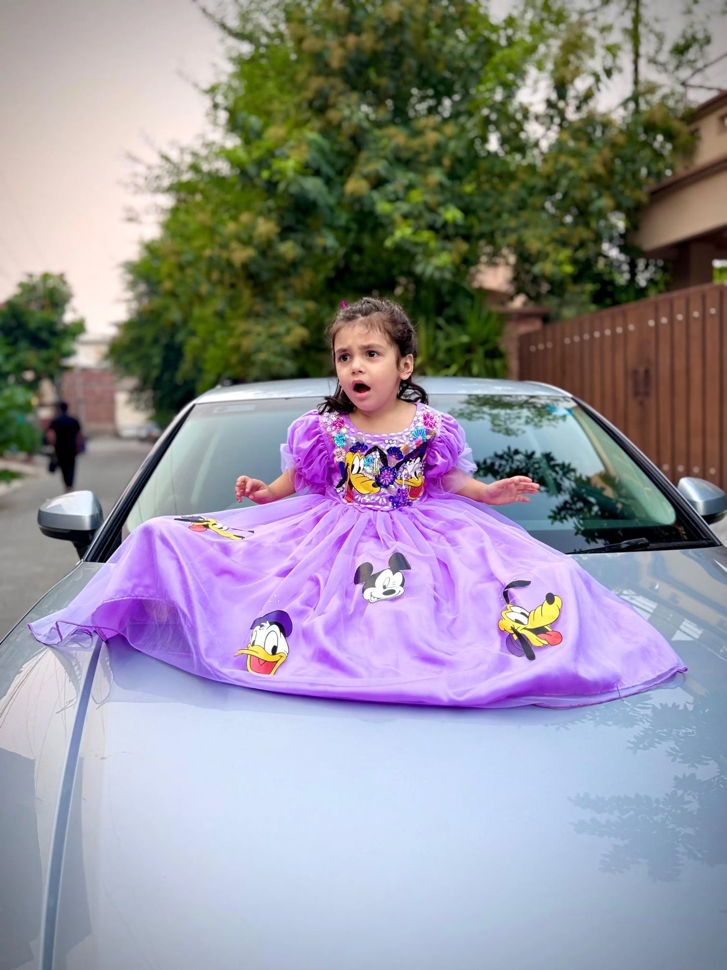 Girls purple princess frock front view floral embroidery kids party wear — MiMo Pakistan
