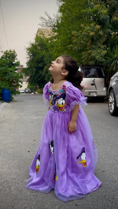Girls purple layered maxi frock outdoor pose kids occasion dress — MiMo Pakistan