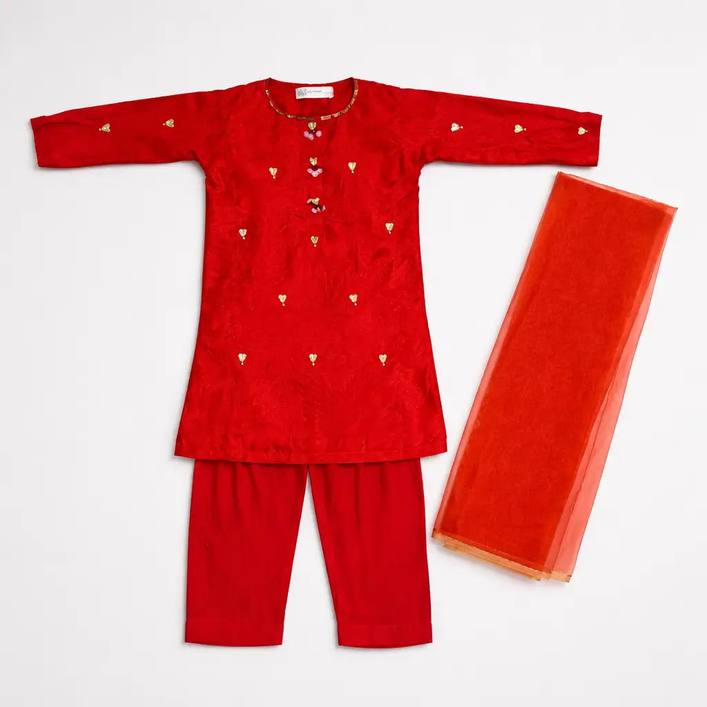 Girls red pure fabric kurta trouser set folded kids ethnic wear — MiMo Pakistan