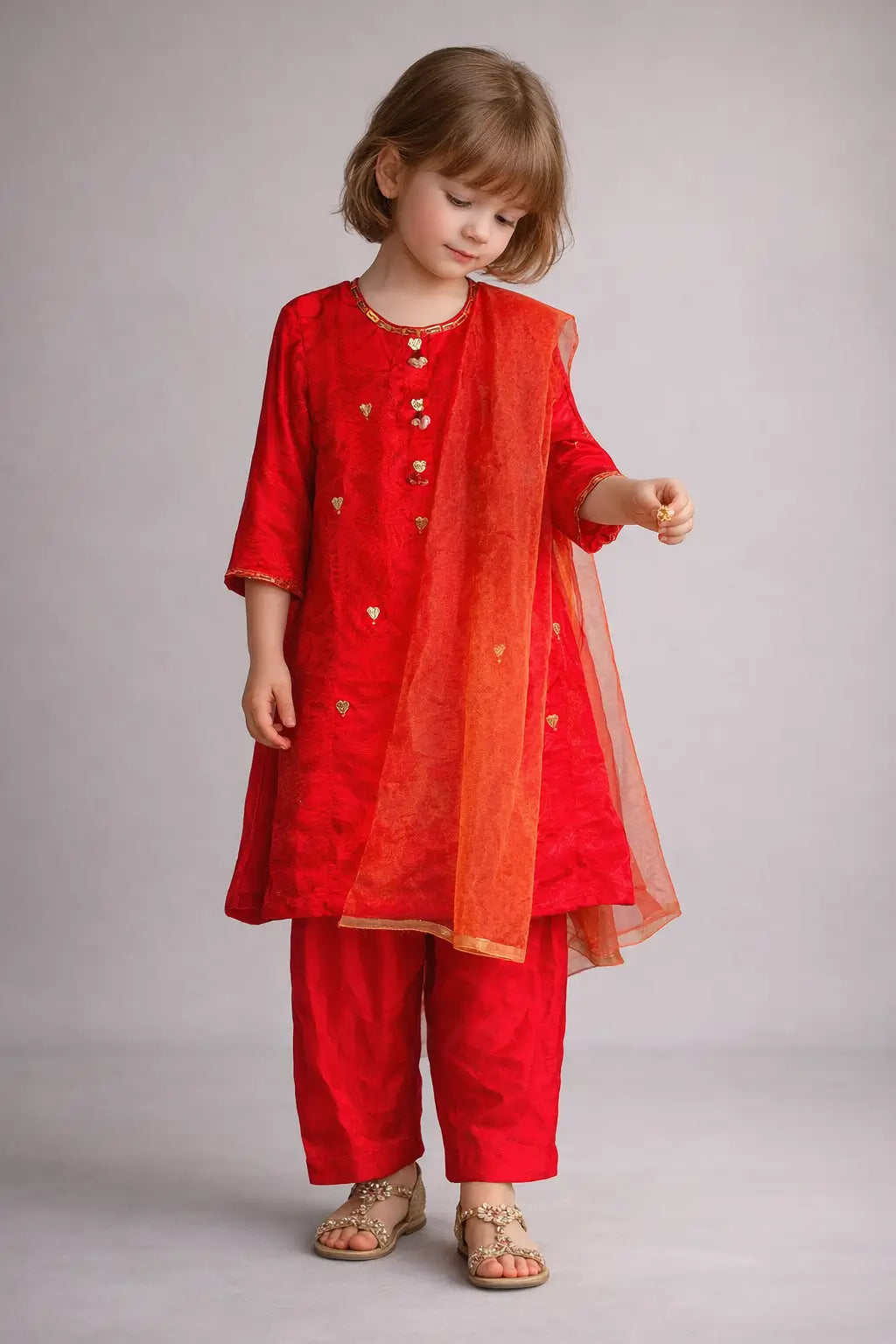 Girls red kurta trouser dupatta set kids Eid traditional outfit — MiMo Pakistan