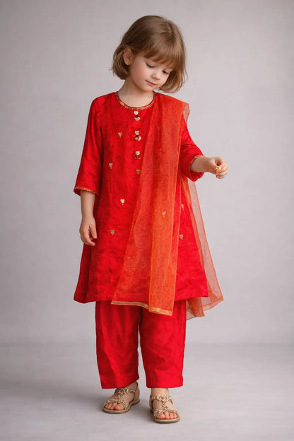 Girls red kurta trouser dupatta set kids Eid traditional outfit — MiMo Pakistan