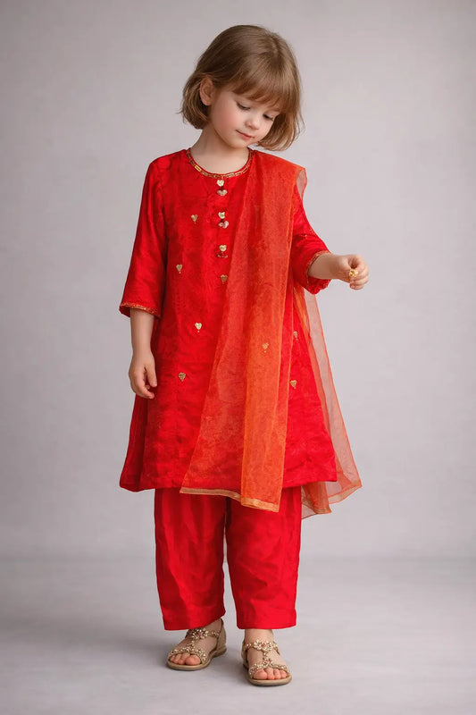 Girls red kurta trouser dupatta set kids Eid traditional outfit — MiMo Pakistan