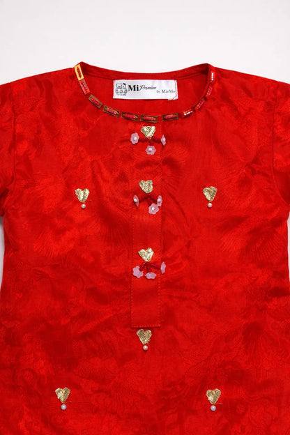 Girls red kurta trouser with dupatta flat lay kids Eid collection — MiMo Pakistan