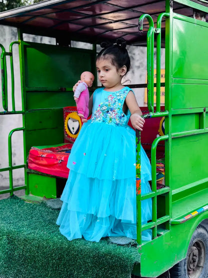 Girls blue layered princess frock walking pose kids occasion dress — MiMo Pakistan