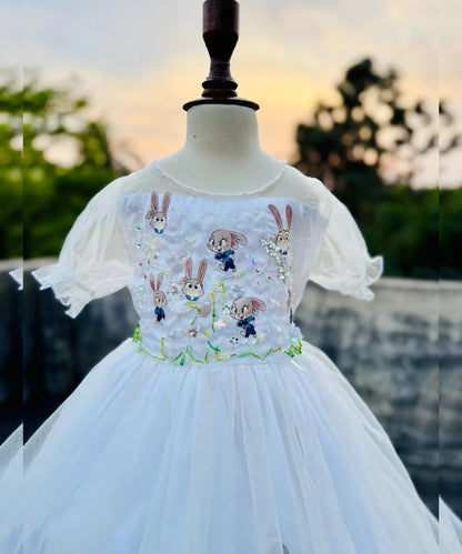 Girls white princess frock back view puff sleeves kids party occasion — MiMo Pakistan