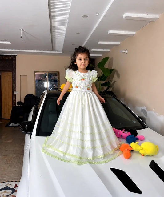Girls white fancy princess frock front view kids Eid party dress — MiMo Pakistan