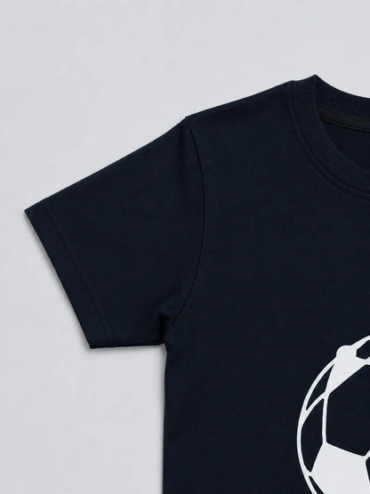 Kids black football printed t-shirt side view soft cotton casual wear — MiMo Pakistan