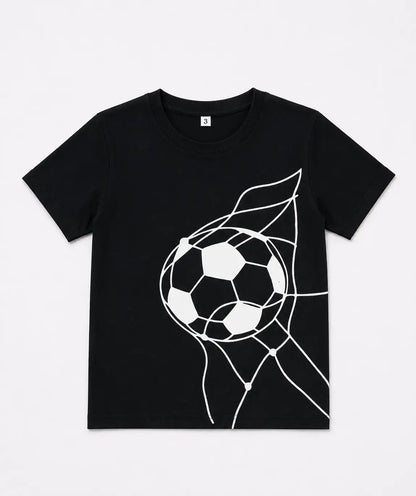 Kids black football graphic t-shirt front view cotton summer wear — MiMo Pakistan