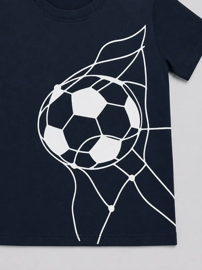 Kids black t-shirt football goal net print close-up summer wear — MiMo Pakistan