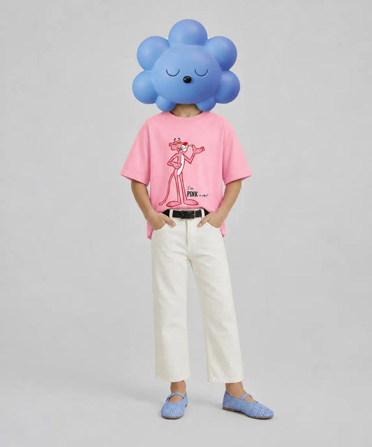 Kids pink cartoon printed t-shirt with white jeans casual outfit — MiMo Pakistan