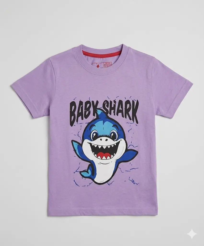 Kids purple shark cartoon printed t-shirt front view cotton summer wear — MiMo Pakistan
