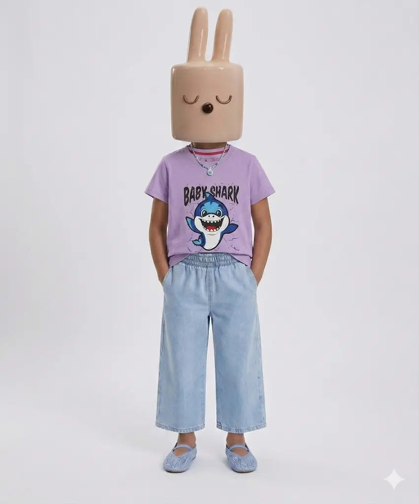 Kids purple shark cartoon printed t-shirt with jeans casual outfit — MiMo Pakistan