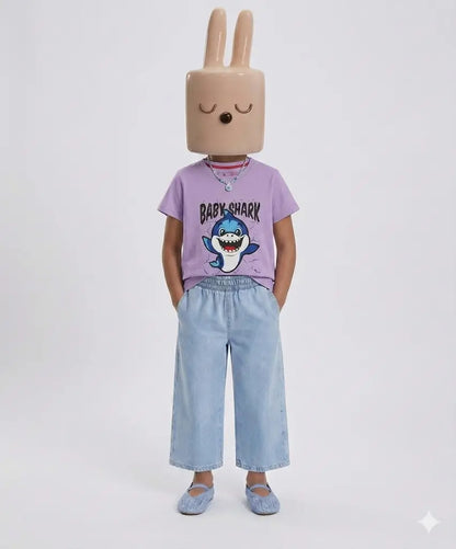 Kids purple shark cartoon printed t-shirt with jeans casual outfit — MiMo Pakistan