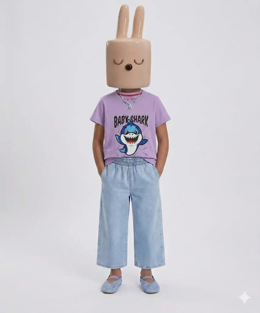 Kids purple shark cartoon printed t-shirt with jeans casual outfit — MiMo Pakistan
