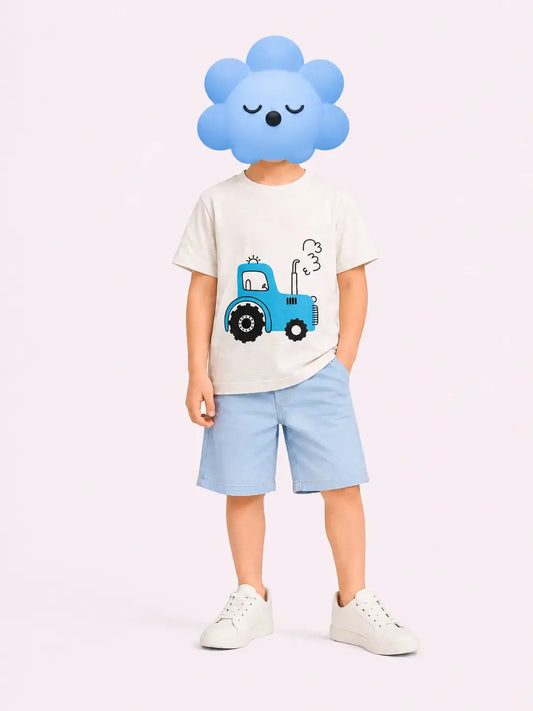 Kids white blue tractor printed t-shirt with shorts boys girls casual outfit — MiMo Pakistan