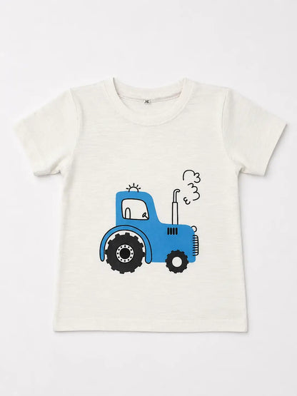 Kids white blue tractor graphic t-shirt front view cotton summer wear — MiMo Pakistan