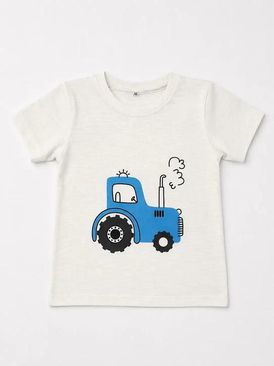 Kids white blue tractor graphic t-shirt front view cotton summer wear — MiMo Pakistan