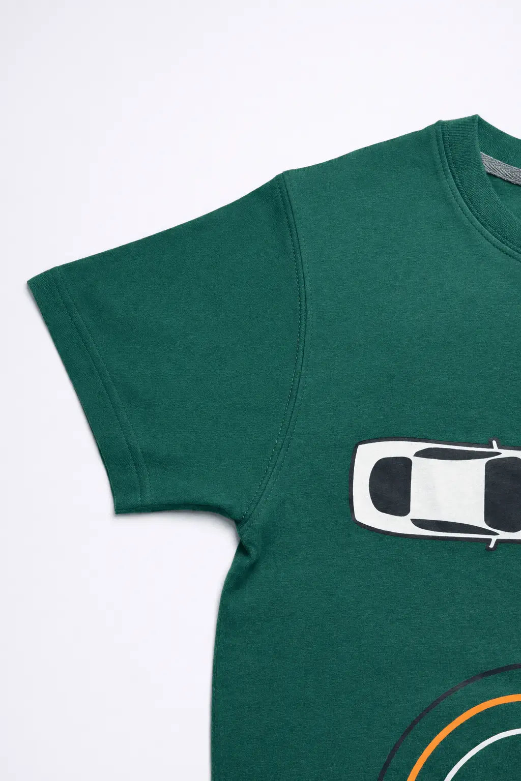 Boys green car printed t-shirt side view soft cotton kids wear — MiMo Pakistan