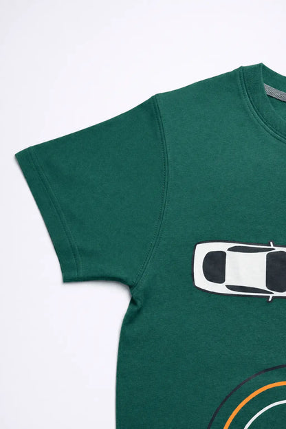 Boys green car printed t-shirt side view soft cotton kids wear — MiMo Pakistan