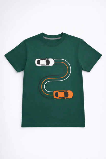 Boys green car graphic t-shirt front view kids cotton wear — MiMo Pakistan