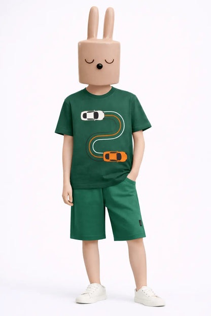 Boys green car printed t-shirt with matching shorts kids casual outfit — MiMo Pakistan