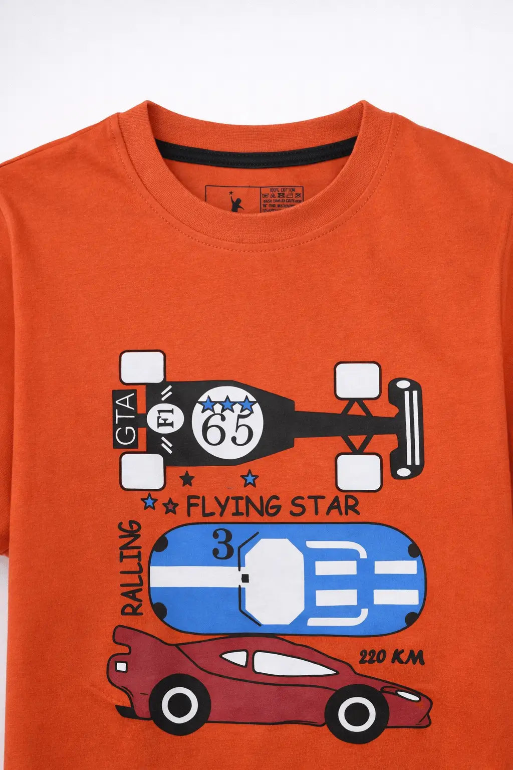 Boys orange t-shirt racing car print close-up kids summer wear — MiMo Pakistan