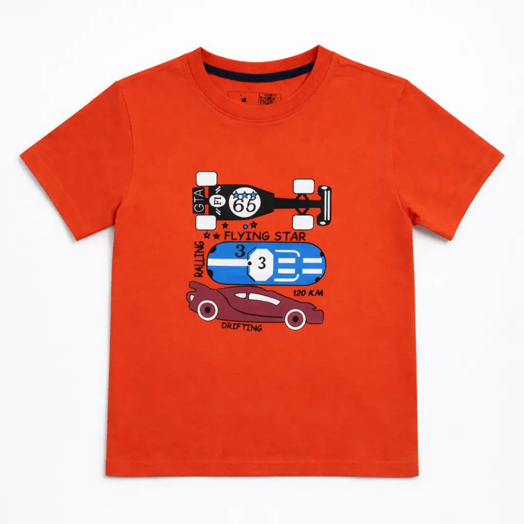 Boys orange racing car printed t-shirt front view kids cotton wear — MiMo Pakistan