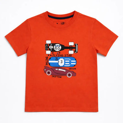 Boys orange racing car printed t-shirt front view kids cotton wear — MiMo Pakistan