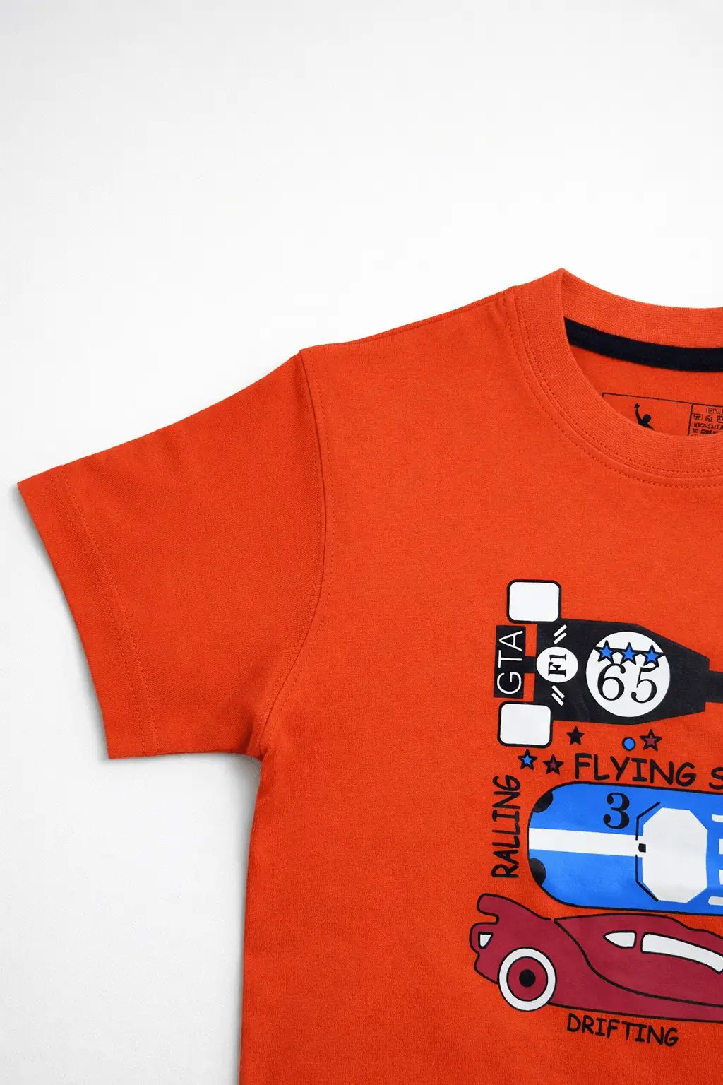 Boys orange car printed t-shirt side view soft cotton kids wear — MiMo Pakistan