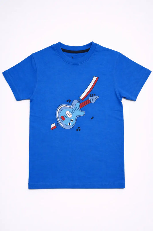 Boys royal blue guitar printed graphic t-shirt front view kids wear — MiMo Pakistan