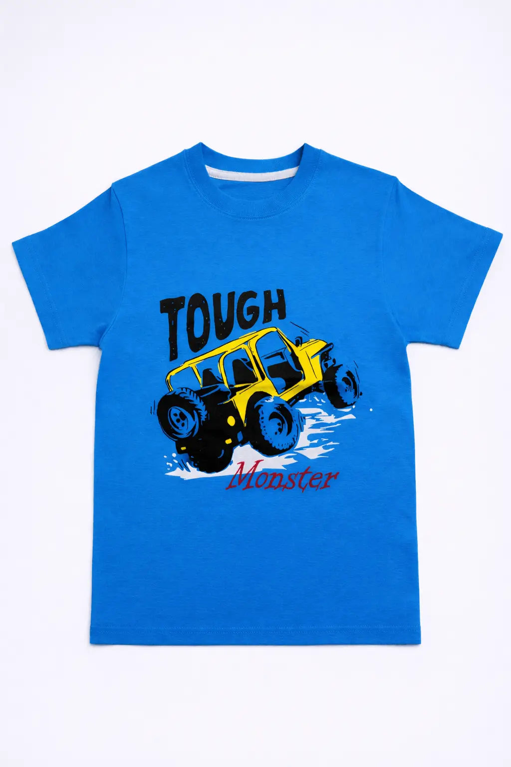 Boys blue monster truck printed graphic t-shirt front view kids — MiMo Pakistan