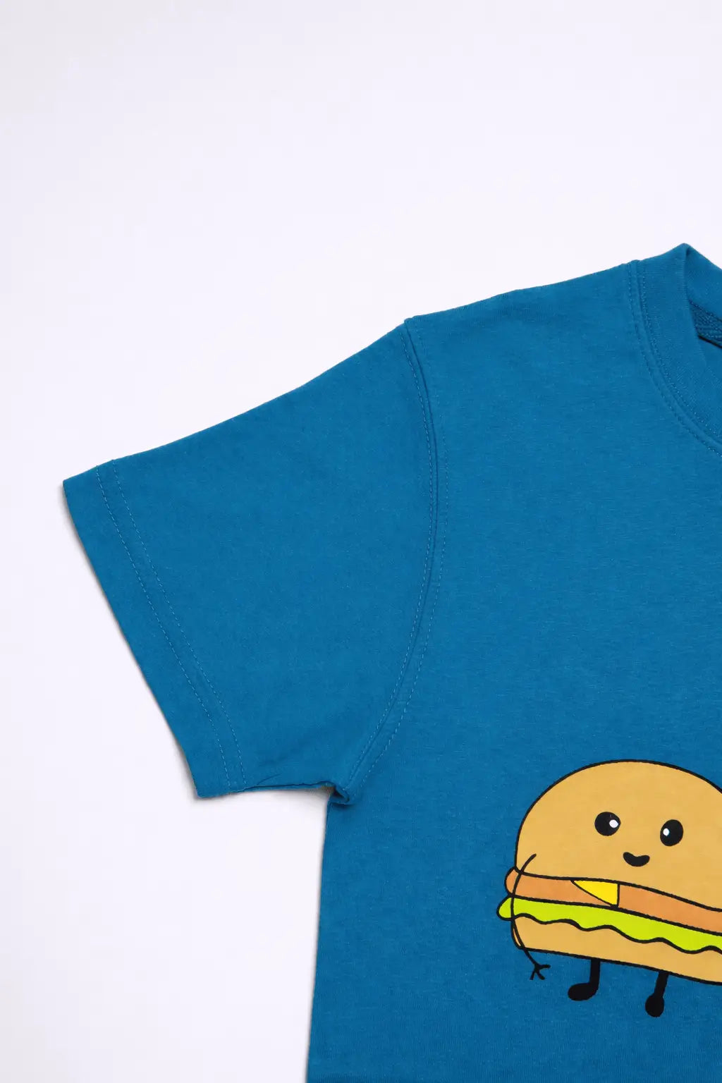 Boys blue burger fries graphic t-shirt side view soft cotton kids — MiMo Pakistan