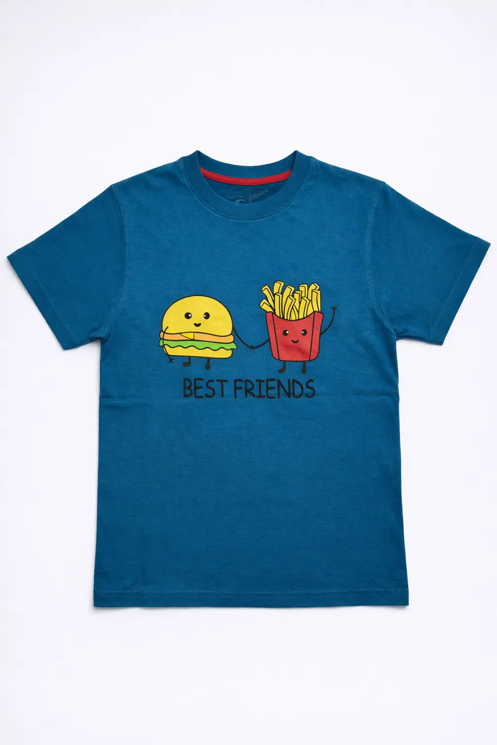 Boys blue burger and fries printed graphic t-shirt front view kids wear — MiMo Pakistan